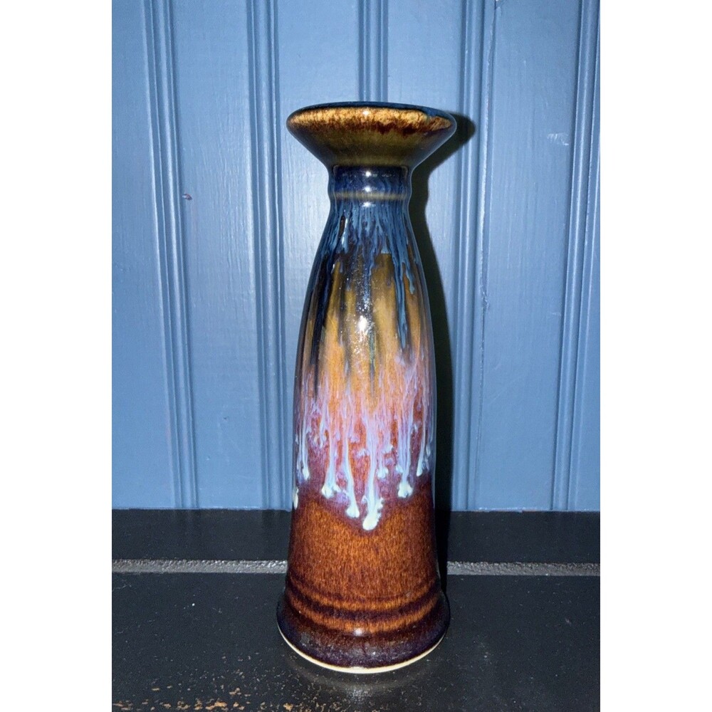 Bill Campbell Studio Art Pottery Flower Bud Vase Blue Brown Signed 6.5” EUC